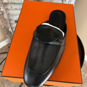 Hermes Black Leather Women's Mules new in box . Palladium hardware